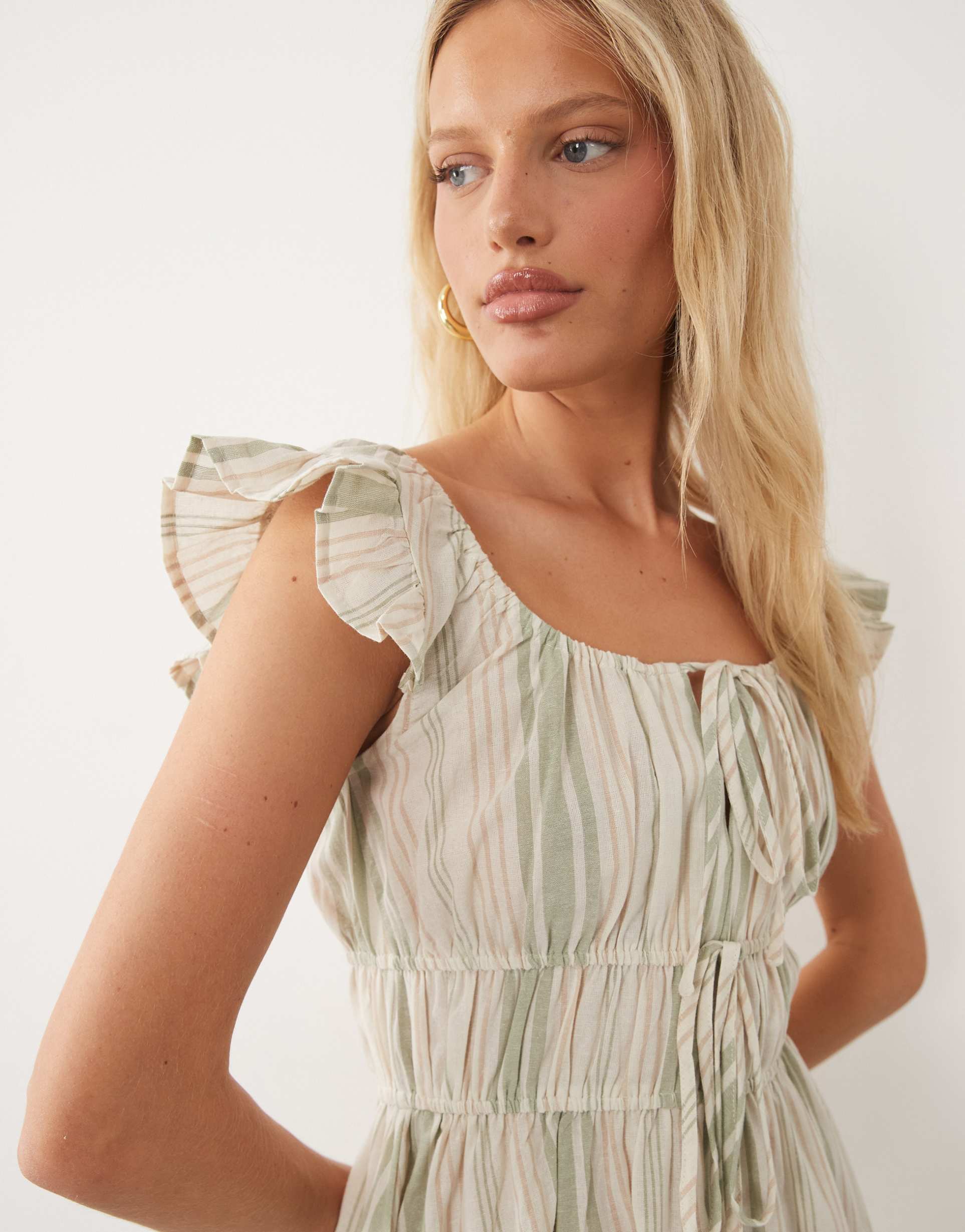 wednesdays girl milkmaid mini dress in green stripe