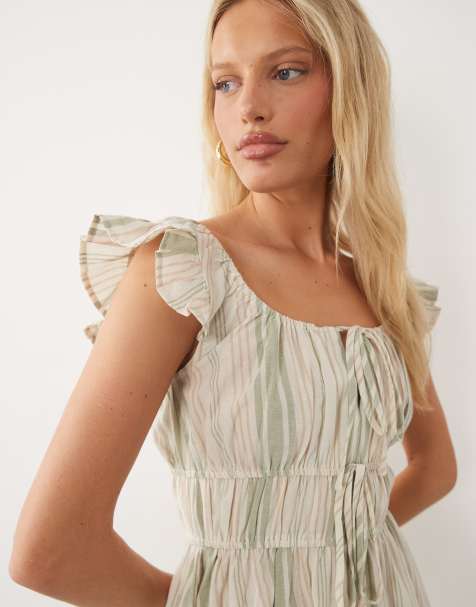 Wednesday's Girl milkmaid mini jurk in groene streep - view 1