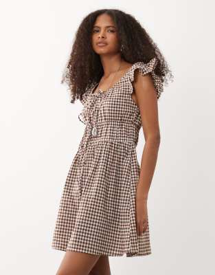 Wednesday's Girl Wednesdays Girl Milkmaid Ruffle Sleeve Dress In Brown