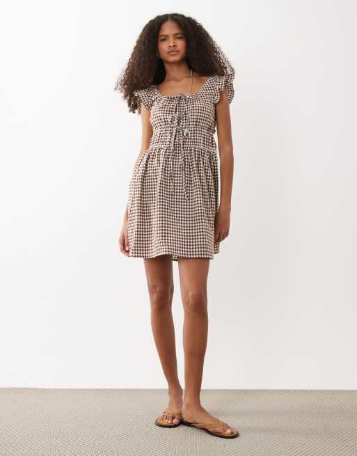 brown gingham dress with sleeves Two Way Noa Gingham Dress, Brown