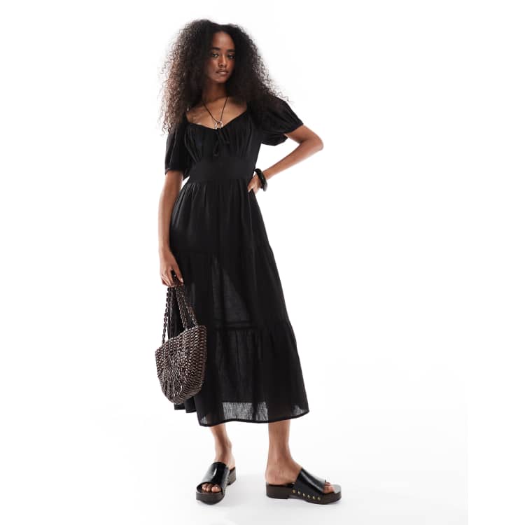 Wednesday's Girl milkmaid tiered linen blend midi dress in black | ASOS