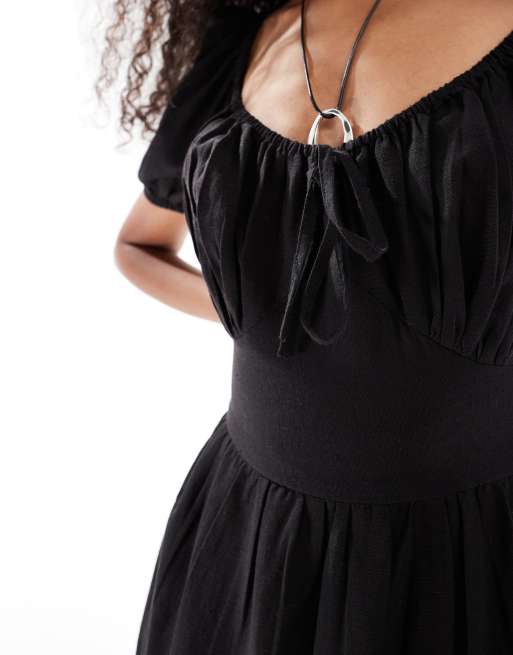 Wednesday's Girl milkmaid tiered linen blend midi dress in black | ASOS