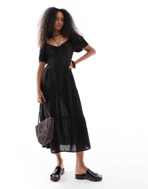 Wednesday's Girl milkmaid tiered linen midi dress in black - view 1