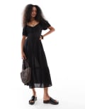 [Wednesday's Girl] Wednesday's Girl milkmaid tiered linen midi dress in black 3XL BLACK