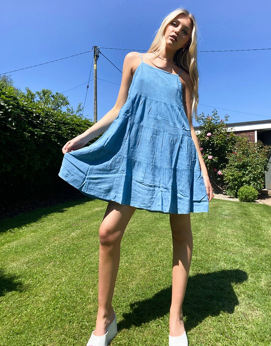 Wednesday's Girl mini cami dress with tiered skirt in chambray-Blues