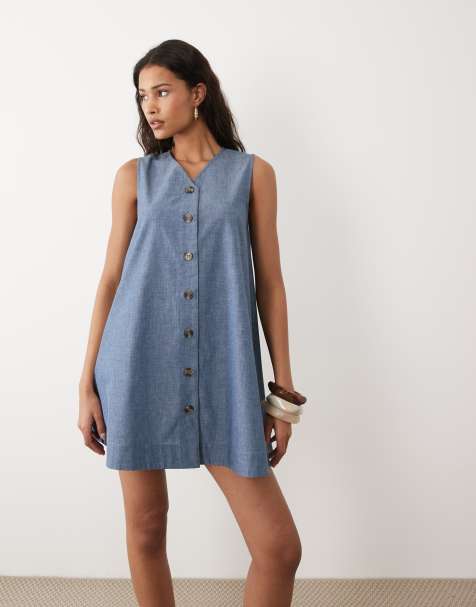 Wednesday's Girl – Mini-Etuikleid aus Chambray in Mittelblau mit Knopfleiste - view 1