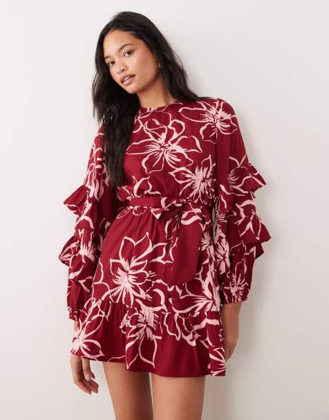 Wednesday's Girl - Mini-jurk met gestrikte taille, lange mouwen in fig met bloemenprint - view 1