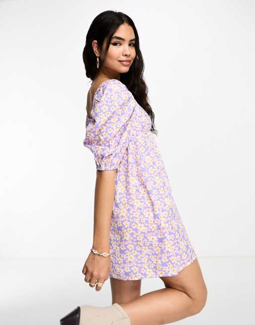 Wednesday's Girl - Mini jurk met pofmouwen en bloemenprint in blauw
