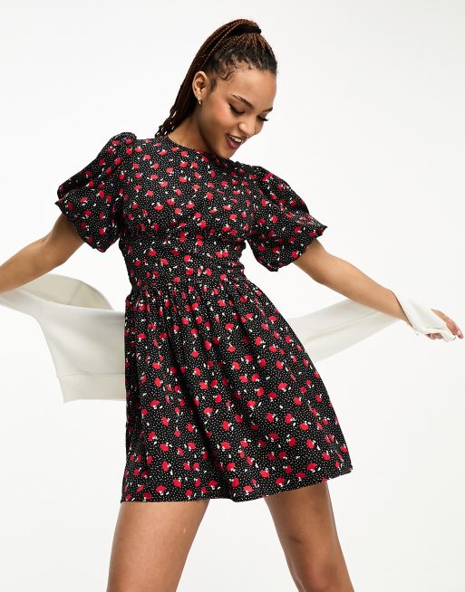 Wednesday's Girl - Mini jurk met rozenprint en tailledetail in zwart