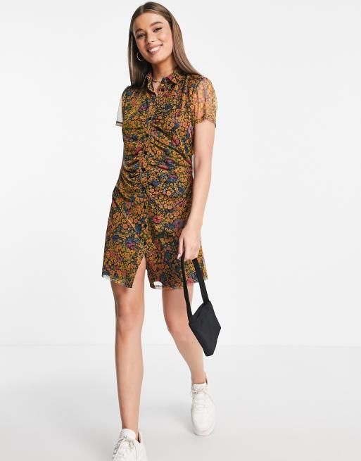 Wednesday's Girl - Mini-overhemdjurk met gerimpelde voorkant en bloemetjesprint
