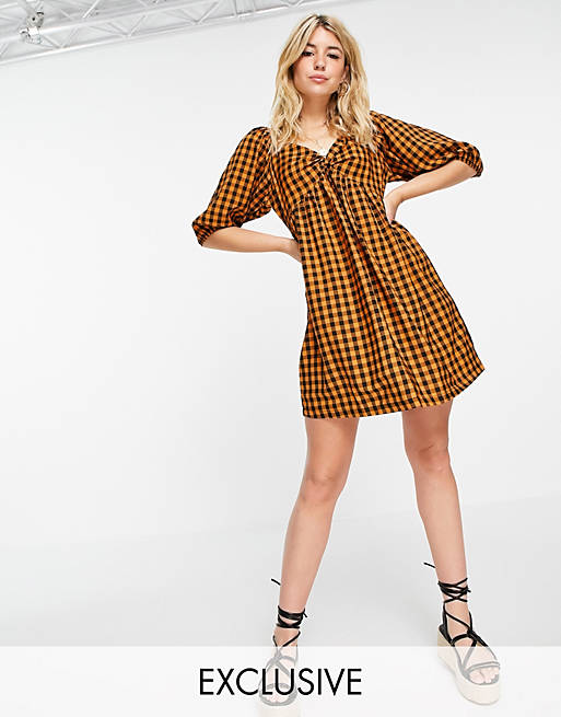 Wednesday's Girl mini smock dress with puff sleeves in contrast gingham