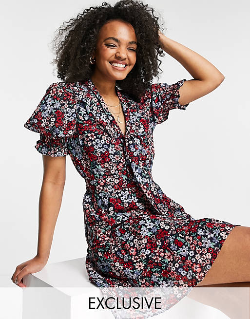 Wednesday's Girl mini smock dress with tie collar in wallpaper floral