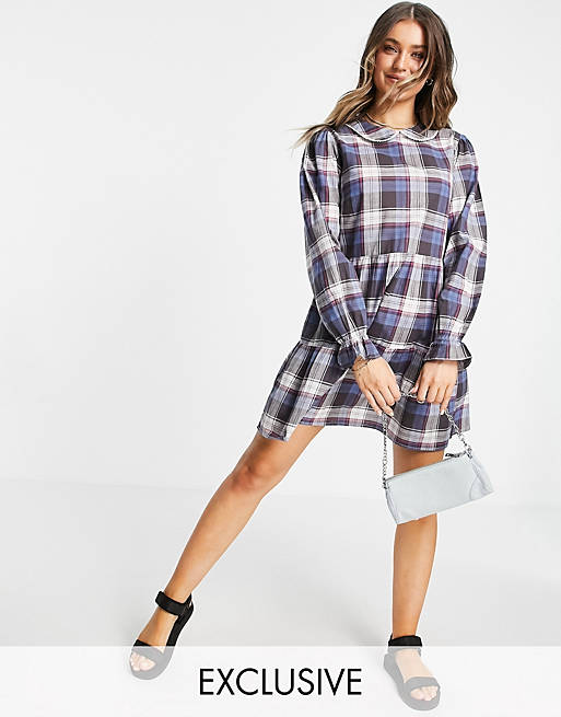 Wednesday's Girl mini smock dress with tiered skirt and collar in vintage check