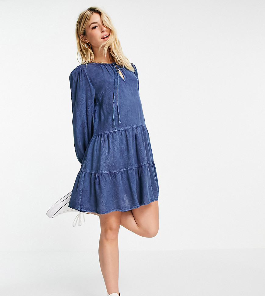 Wednesday's Girl mini smock dress with tiered skirt in denim-Blues