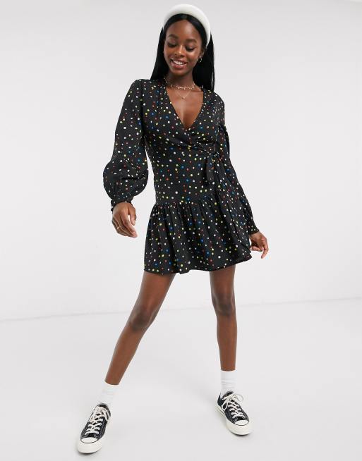 Wednesday's Girl mini wrap dress with pleated skirt in bright spot