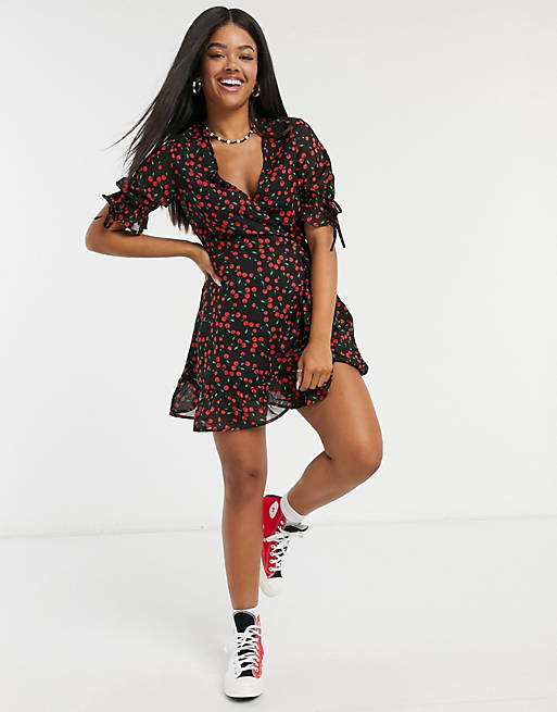 Wednesday's Girl mini wrap dress with tie sleeves in cherry print