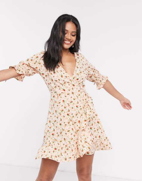 Wednesday's Girl mini wrap dress with tie sleeves in ditsy floral - view 1