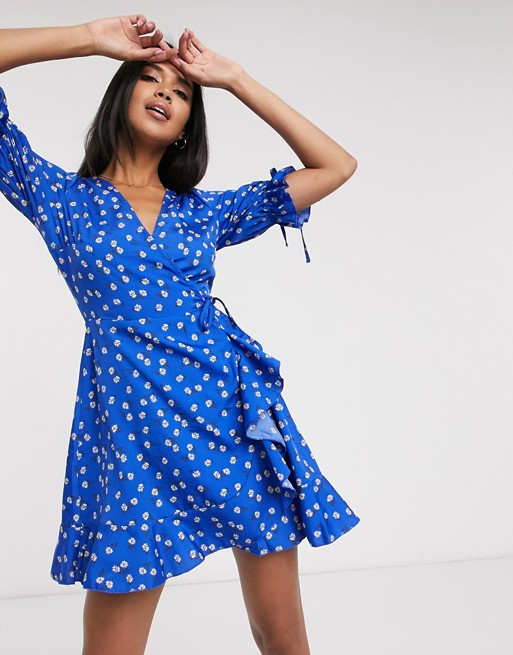 Wednesday's Girl mini wrap dress with tie sleeves in ditsy floral