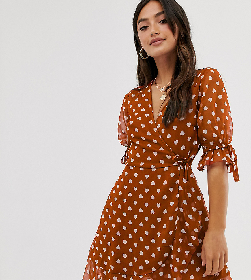 Wednesday's Girl mini wrap dress with tie sleeves in heart print-Brown