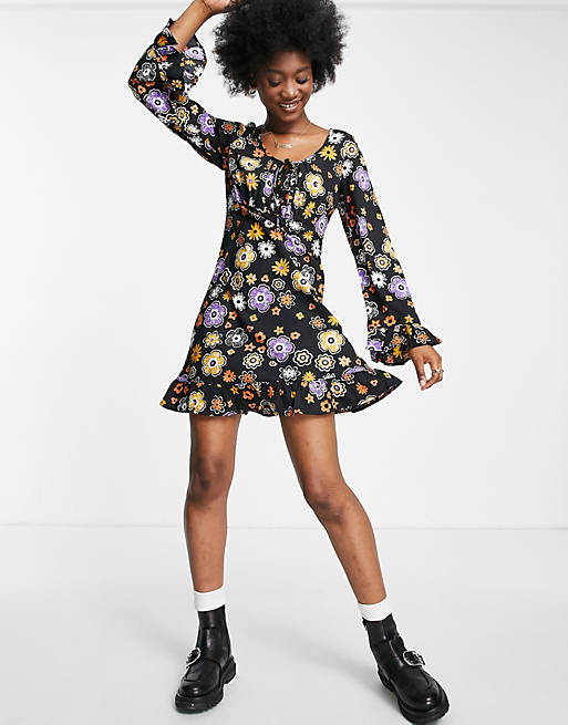 Wednesday's Girl - Nette fit & flare mini-jurk met jaren 70bloemenprint