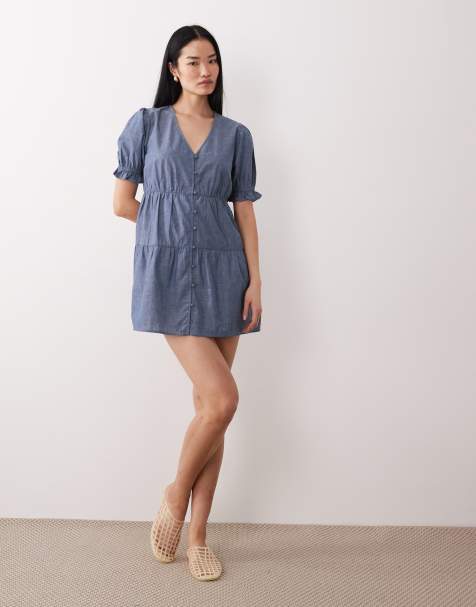 Wednesday's Girl – Niebieska luźna sukienka mini z materiału chambray - view 1