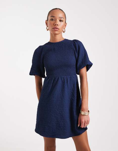 Wednesday's Girl shirred bust puff sleeve mini dress in mid blue