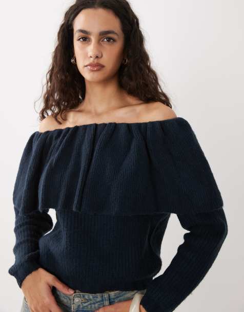Wednesday's Girl off-shoulder ruffle jumper in navy - view 1