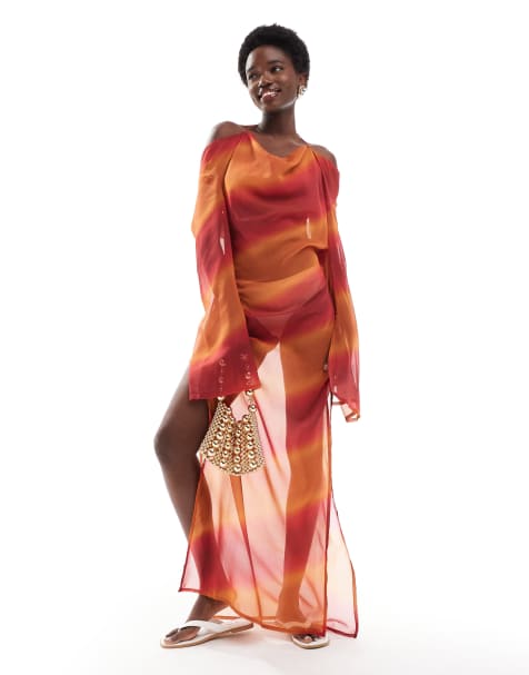 Wednesday's Girl ombre cowl front sheer maxi beach dress in orange - view 1