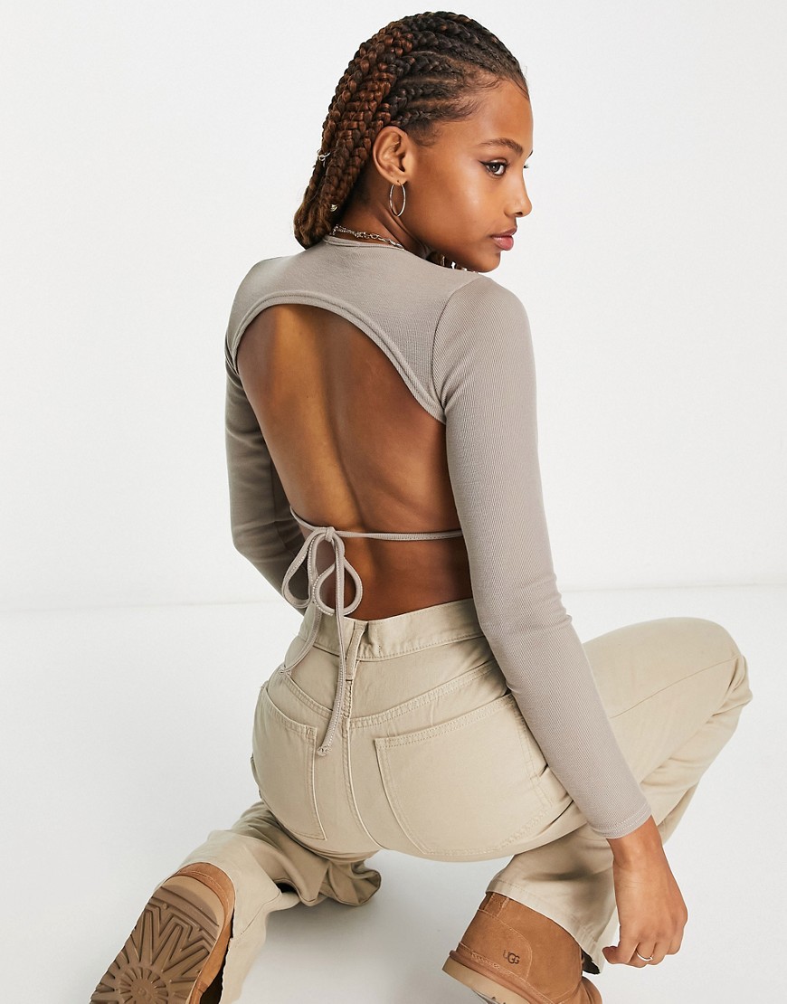 Wednesday's Girl open back tie-detail long sleeve crop top in taupe-Brown