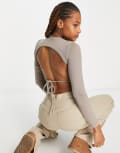 [Wednesday's Girl] Wednesday's Girl open back tie detail long sleeve crop top in taupe-Brown XL Taupe