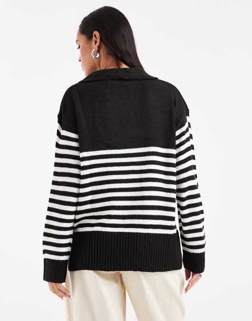 Wednesdays Girl open collared stripe jumper in black, 2 of 4