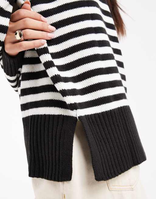 Wednesdays Girl open collared stripe jumper in black, 3 of 4