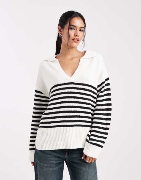 Wednesdays Girl open collared stripe jumper in white - view 1