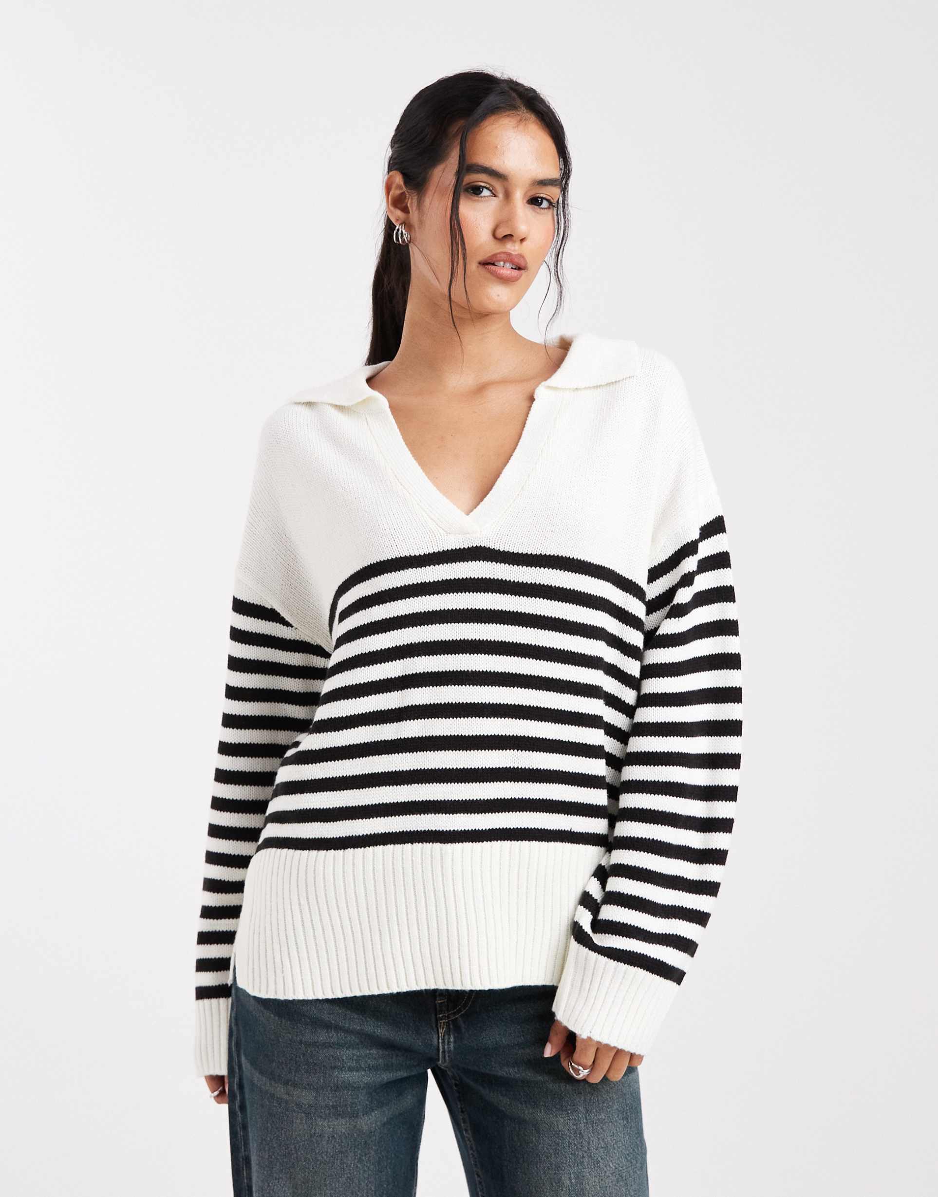 wednesday's girl open collared stripe sweater in white