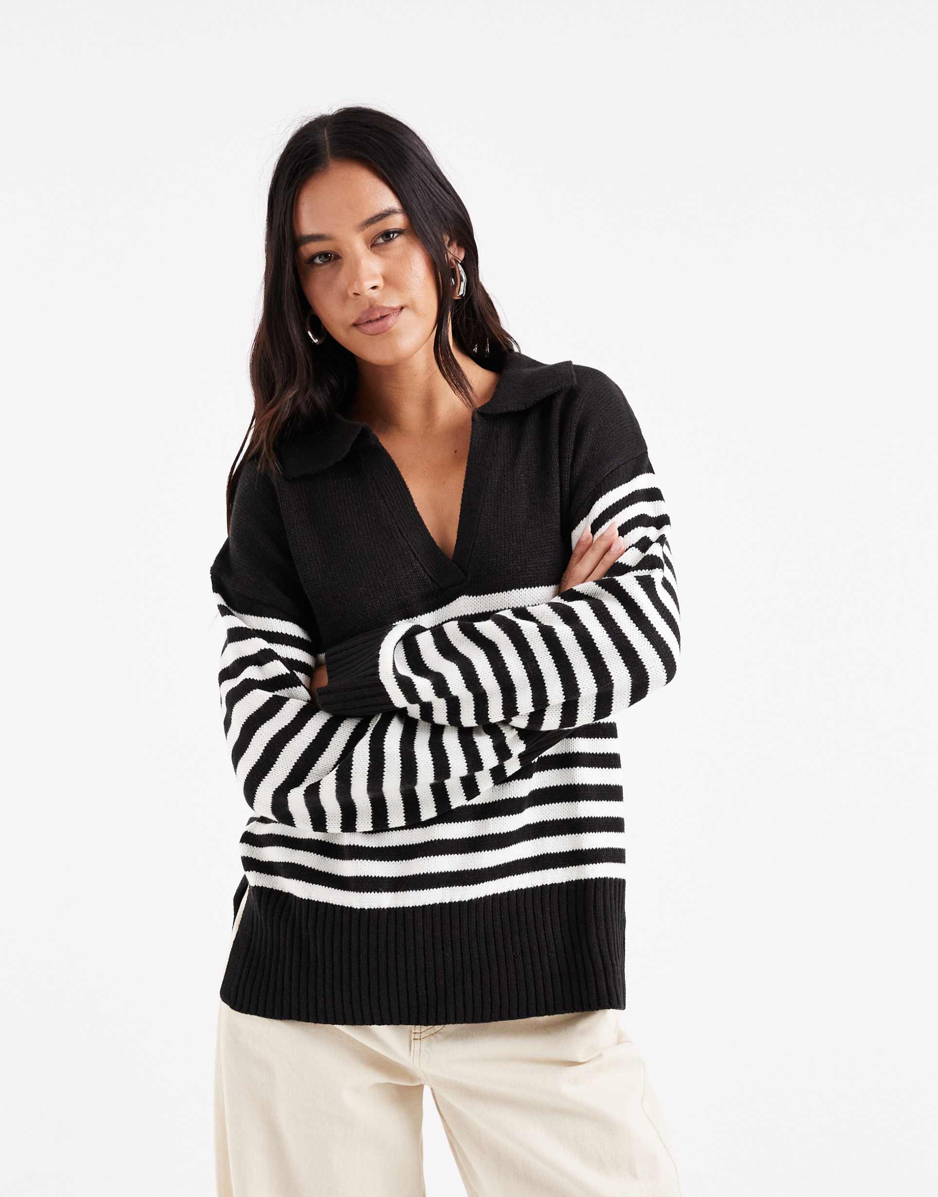 wednesdays girl open collared striped sweater in black