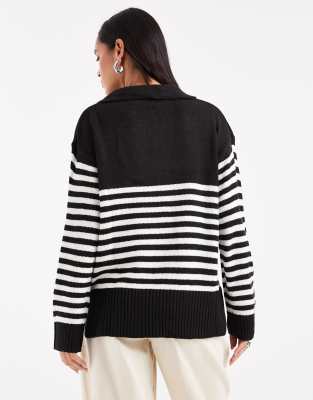 Wednesday's Girl Wednesdays Girl Open Collared Striped Sweater In Black
