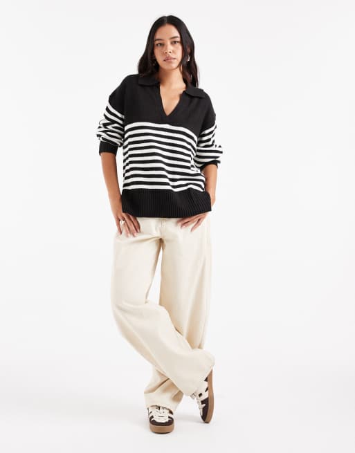 Wednesdays Girl open collared striped sweater in black, 4 of 4