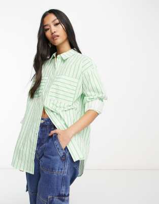 Wednesday's Girl oversized boyfriend poplin shirt in green stripe