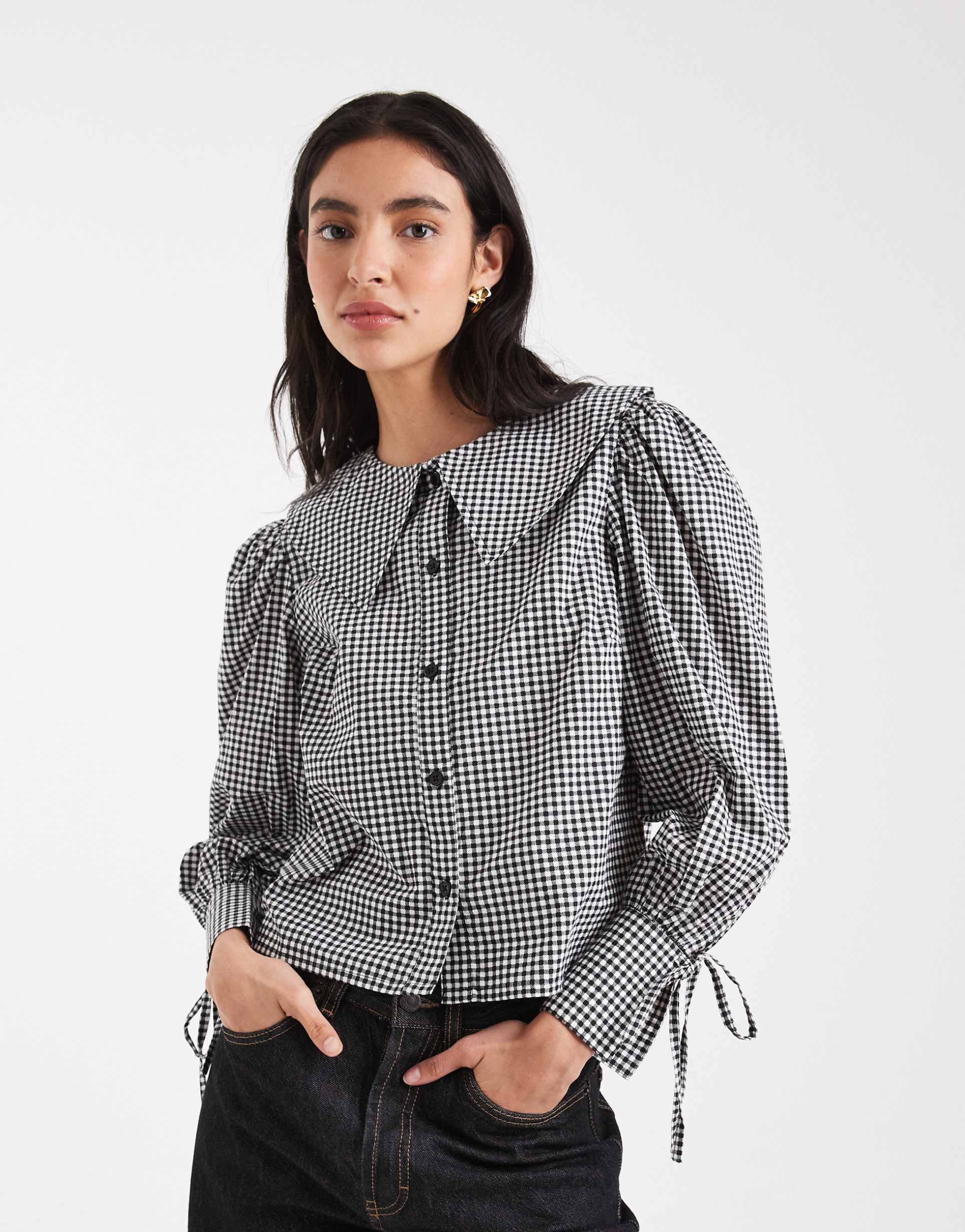 wednesday's girl oversized collared long sleeve blouse in gray gingham