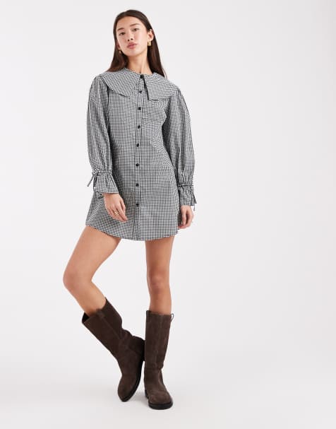 Wednesday's Girl oversized collared mini dress in grey check