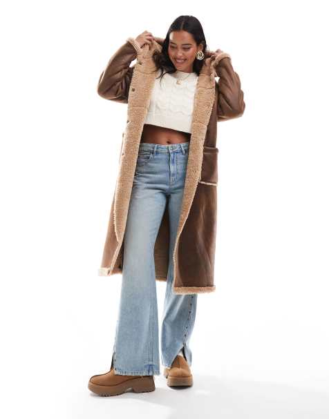 Wednesday's Girl oversized faux shearling longline coat in distressed tan - view 1