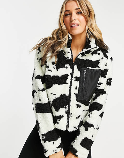  Wednesday's Girl oversized jacket with pocket in cow print teddy fleece 