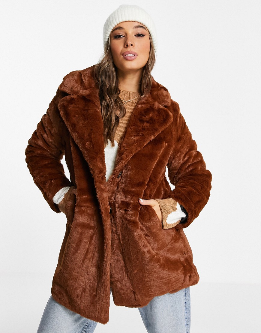Wednesday's Girl oversized longline coat in faux fur-Brown
