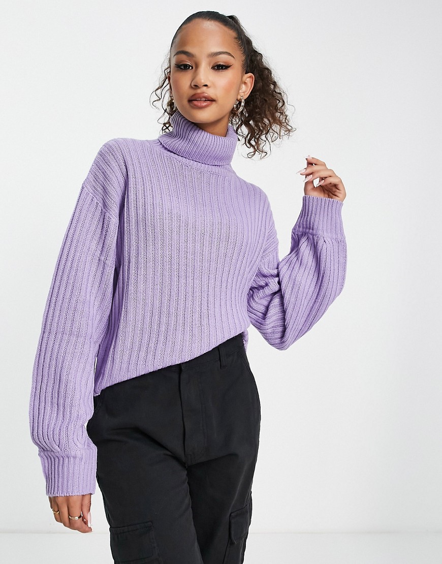 oversized roll neck sweater in rib knit in lilac-Purple