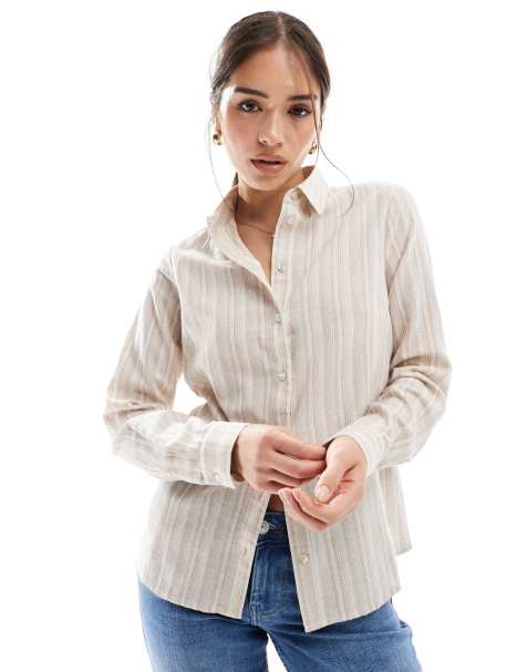 Wednesday's Girl oversized striped linen shirt in beige - view 1