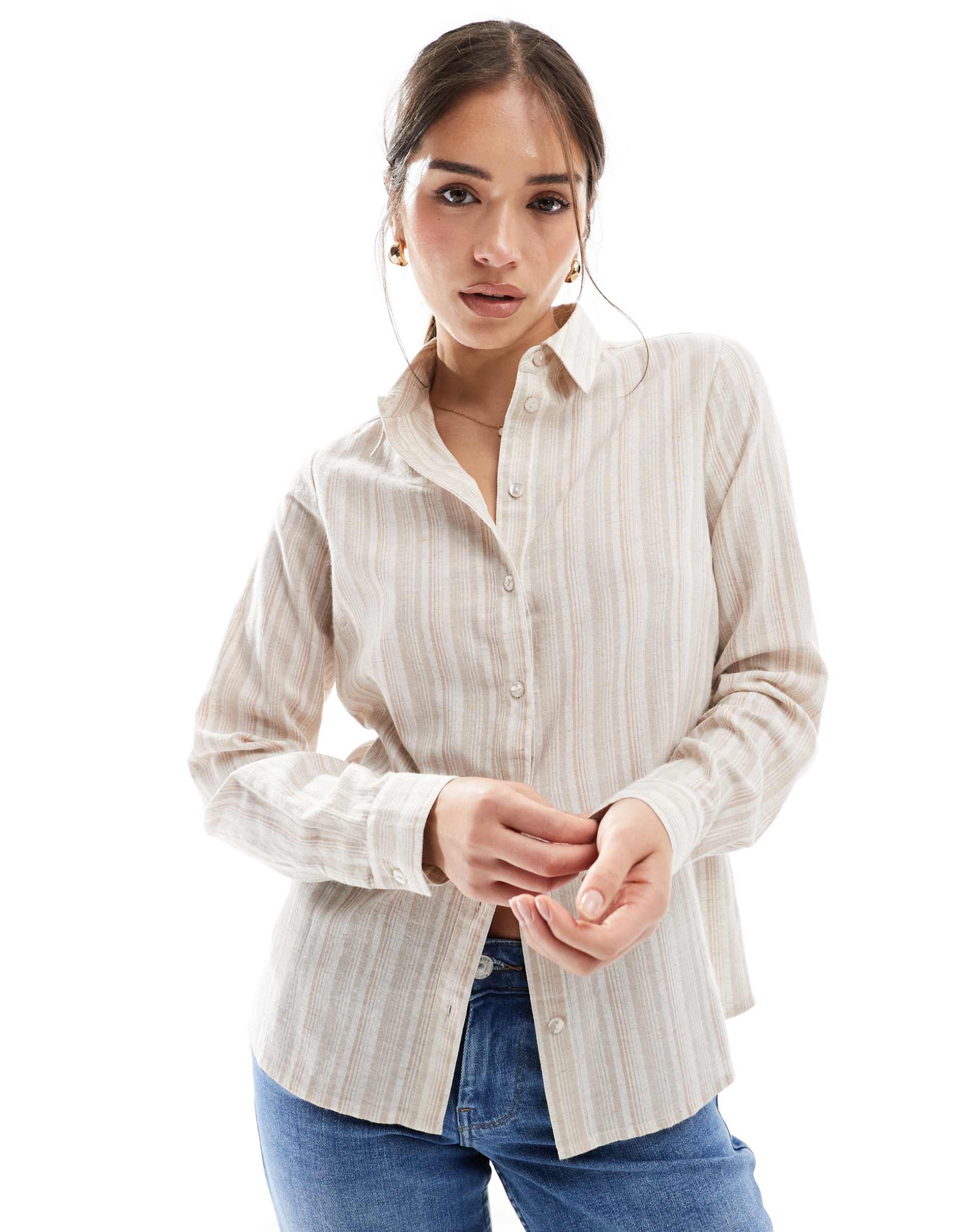 wednesday's girl oversized striped linen shirt in beige