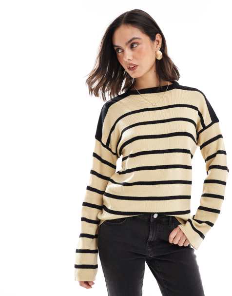 Wednesday's Girl oversized striped sweater in camel and black - view 1