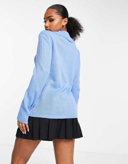 Wednesday's Girl oversized sweater button front collar sweater in blue