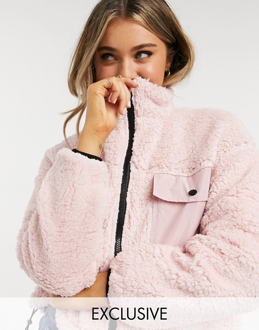 Wednesday's Girl oversized zip through jacket with pocket detail in faux fur