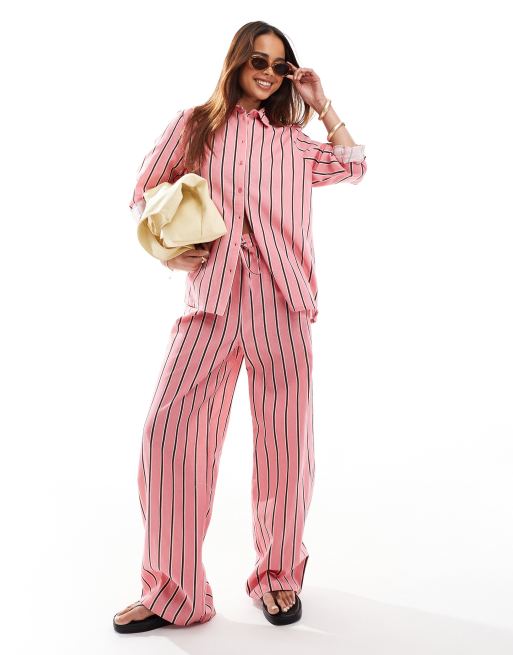 Wednesday's Girl - Pantalon ample en lin rayé avec lien à la taille - Rose